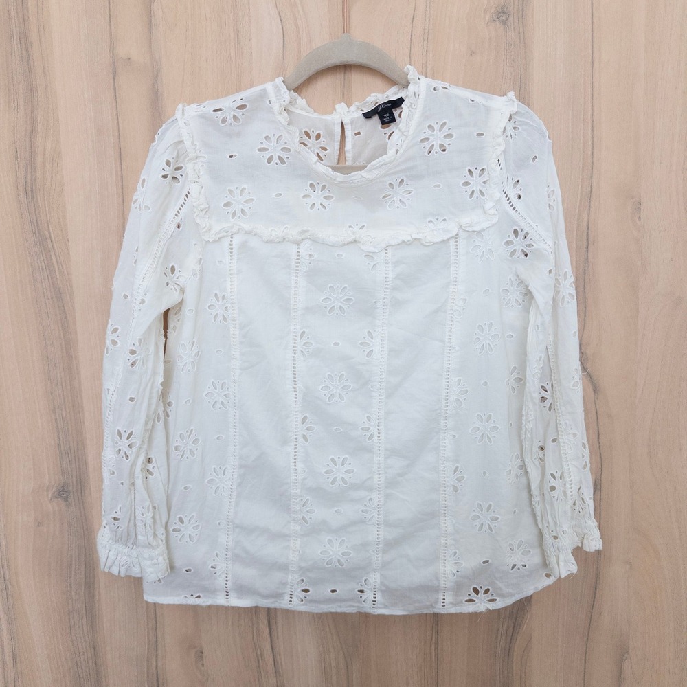 J.Crew Women Eyelet Blouse XS White Ruffle Long Sleeve Cotton Cottage Feminine